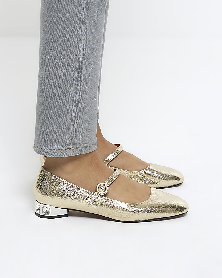 Gold diamante heel mary jane shoes River Island