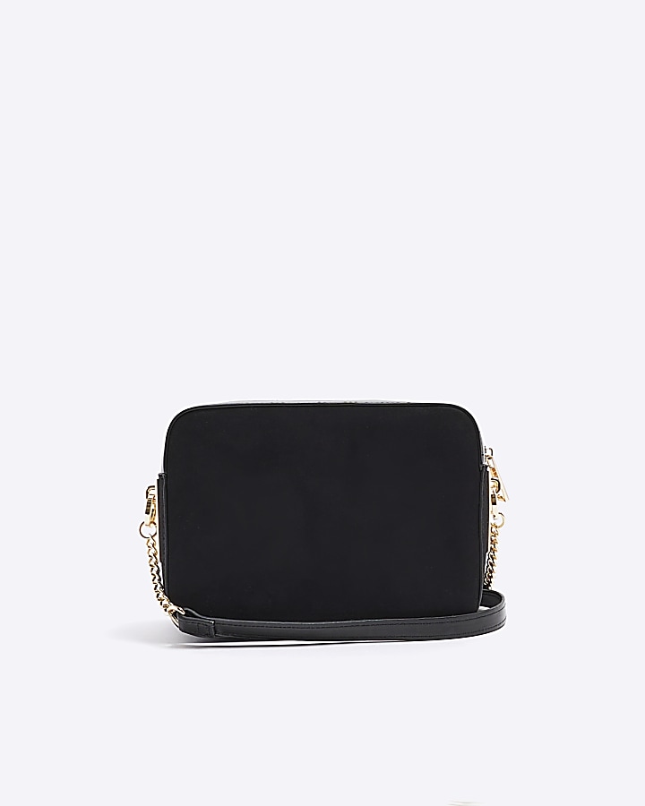 Black croc embossed chain cross body bag River Island