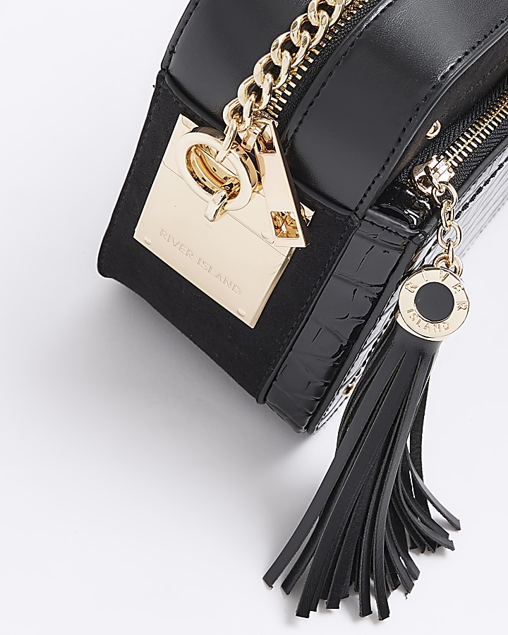 Black croc embossed chain cross body bag River Island