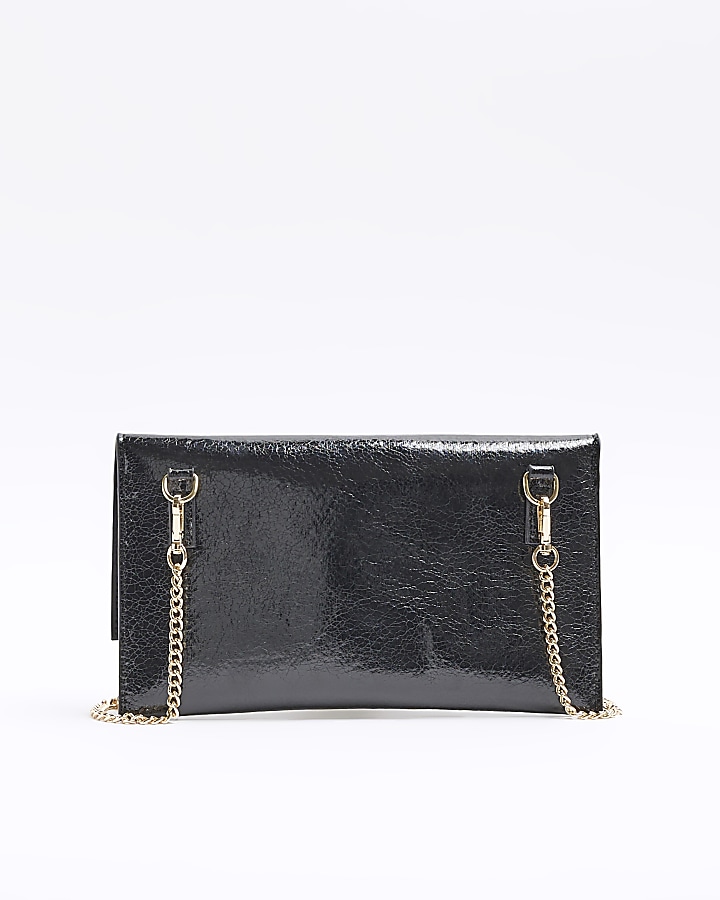 Black textured chain strap clutch bag River Island