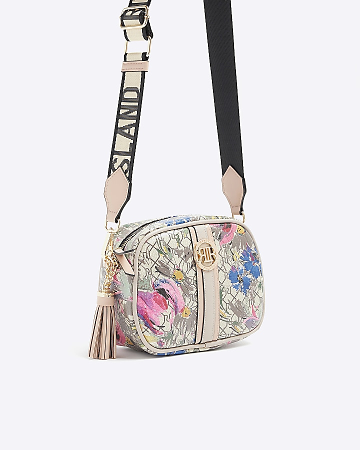Beige RI monogram floral cross body bag River Island