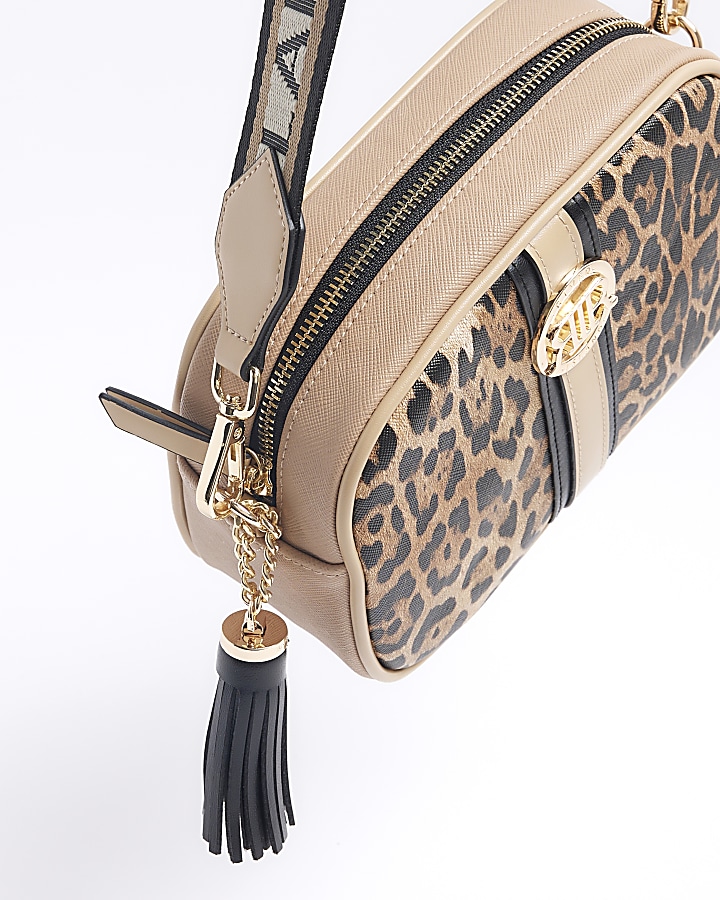 Brown leopard print cross body bag River Island
