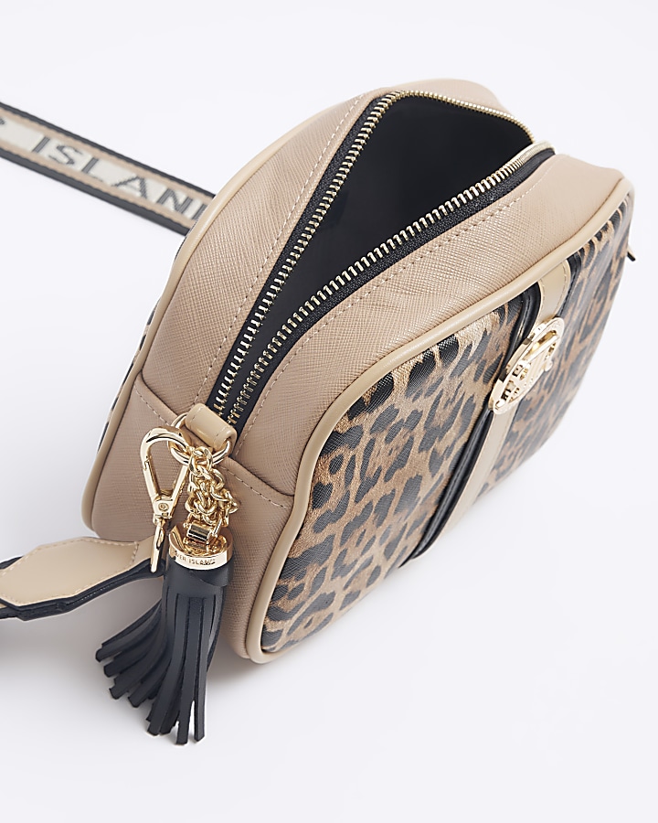 Brown leopard print cross body bag River Island