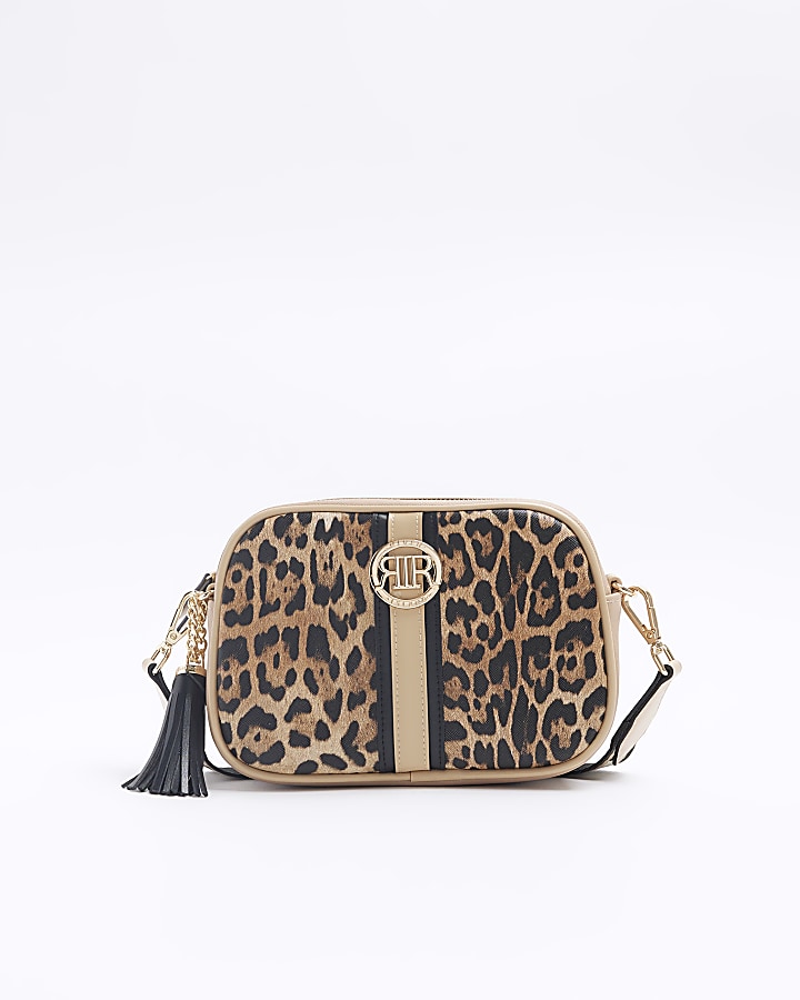 Brown leopard print cross body bag River Island