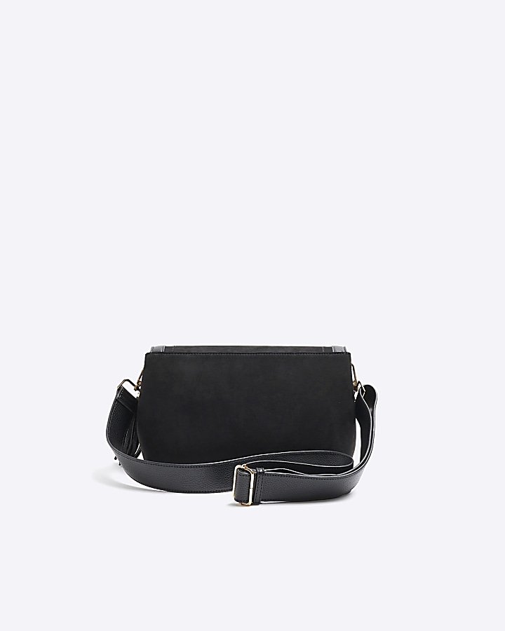 Black zip flapover cross body bag River Island