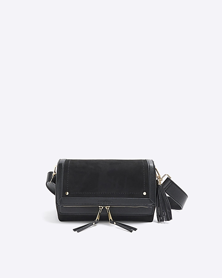 Black zip flapover cross body bag River Island