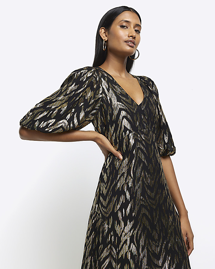 Black Metallic animal print midi dress River Island