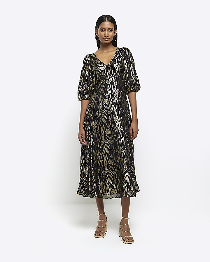 Black Metallic animal print midi dress River Island