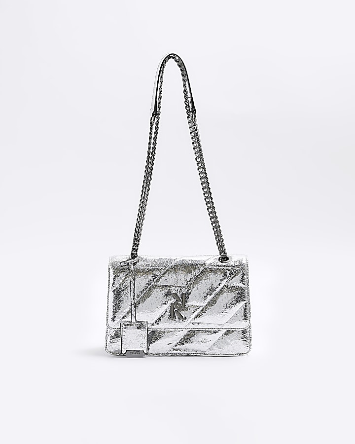 Silver quilted shoulder bag River Island
