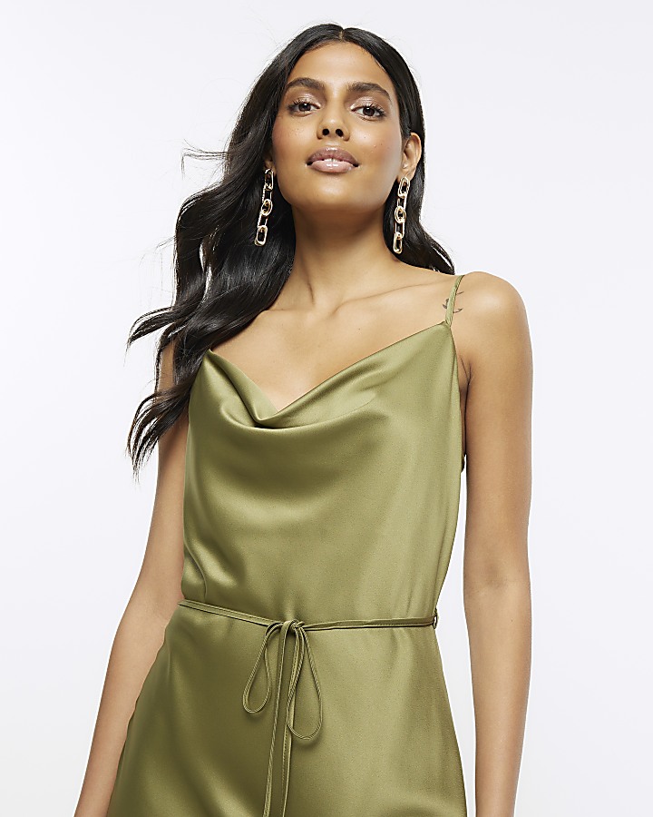 Khaki Cowl Neck Midi Slip Dress River Island