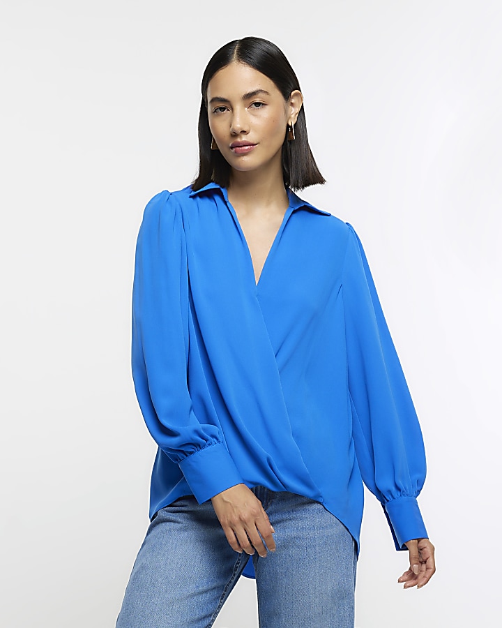 Blue long sleeve wrap blouse River Island