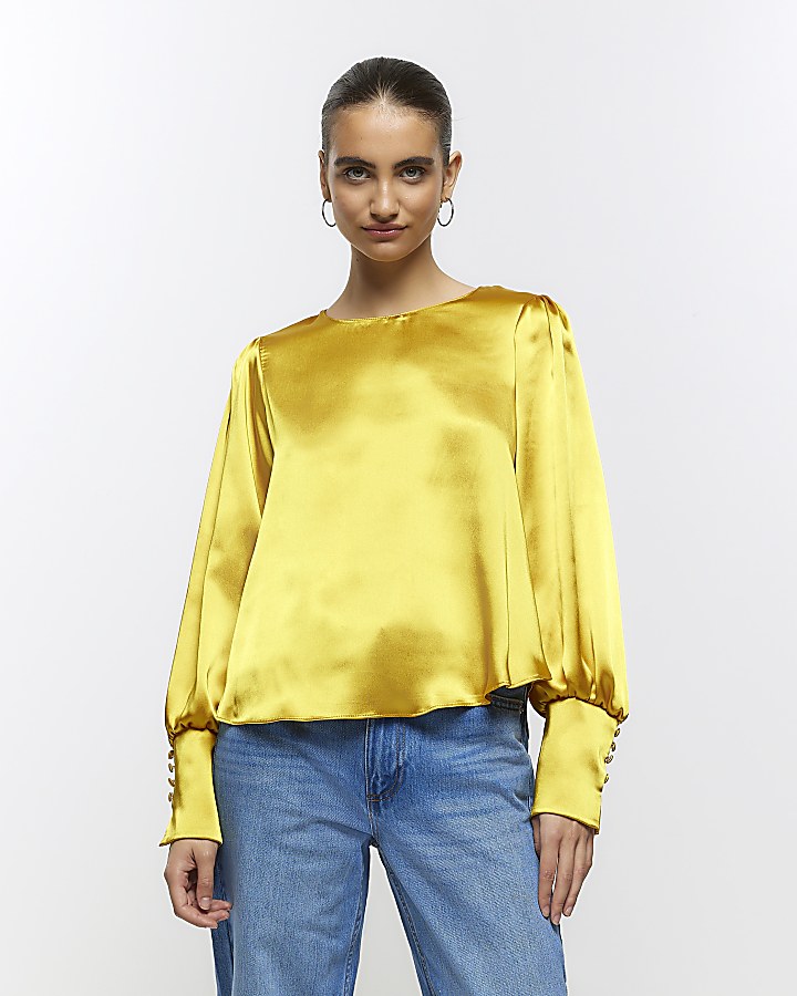 Yellow satin long sleeve blouse River Island
