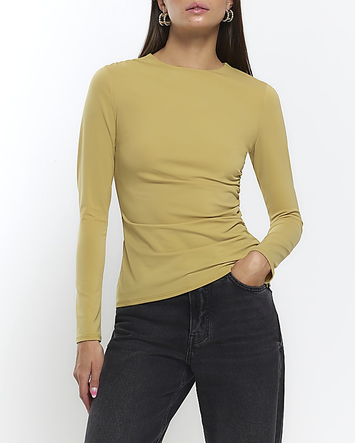 Yellow ruched long sleeve top River Island