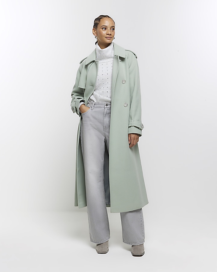 Green belted longline trench coat River Island