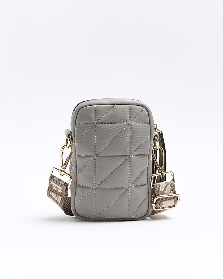 Grey quilted phone holder bag River Island