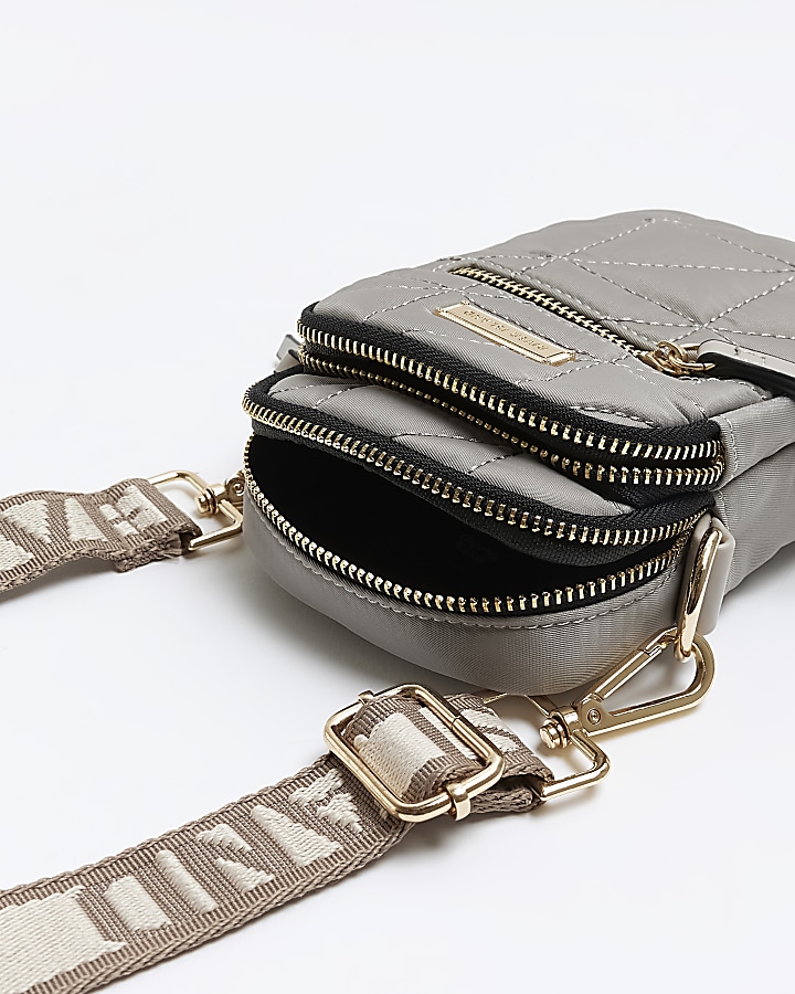 Grey quilted phone holder bag River Island