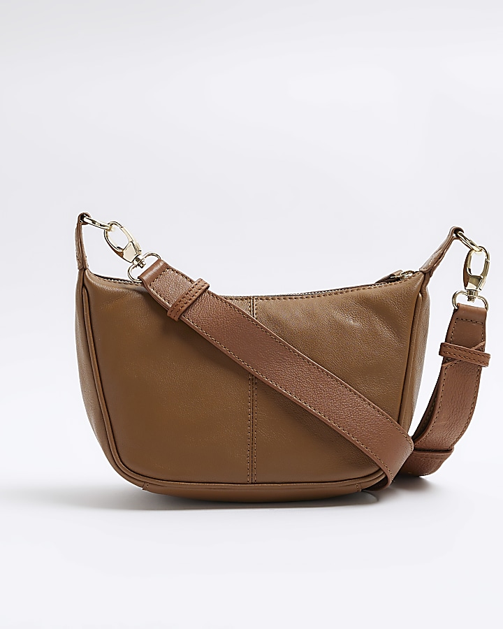 Brown leather weave cross body bag River Island