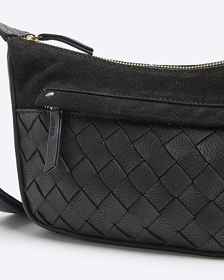 Black leather weave cross body bag River Island