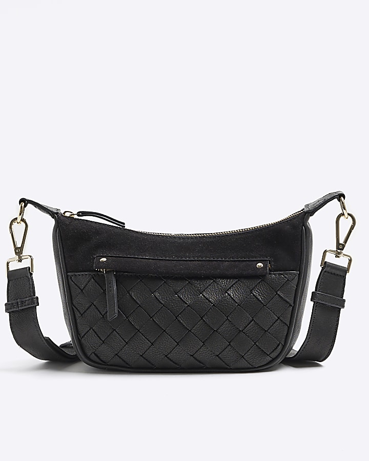 Black leather weave cross body bag River Island