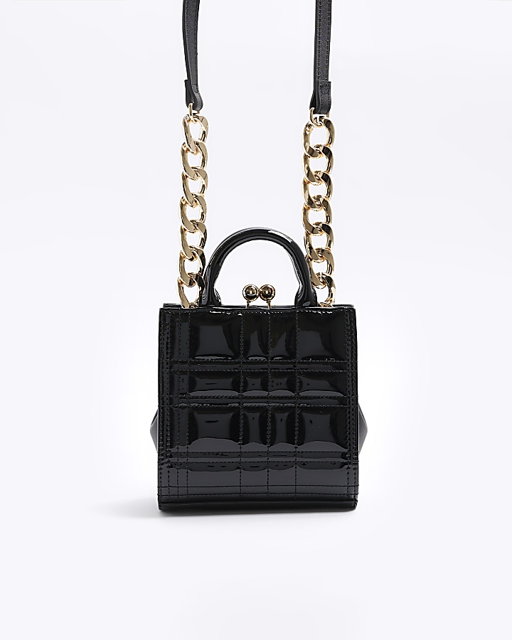 Black patent clip top cross body bag River Island