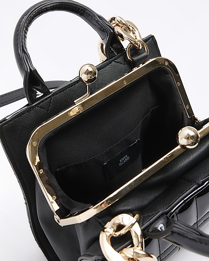 Black patent clip top cross body bag River Island