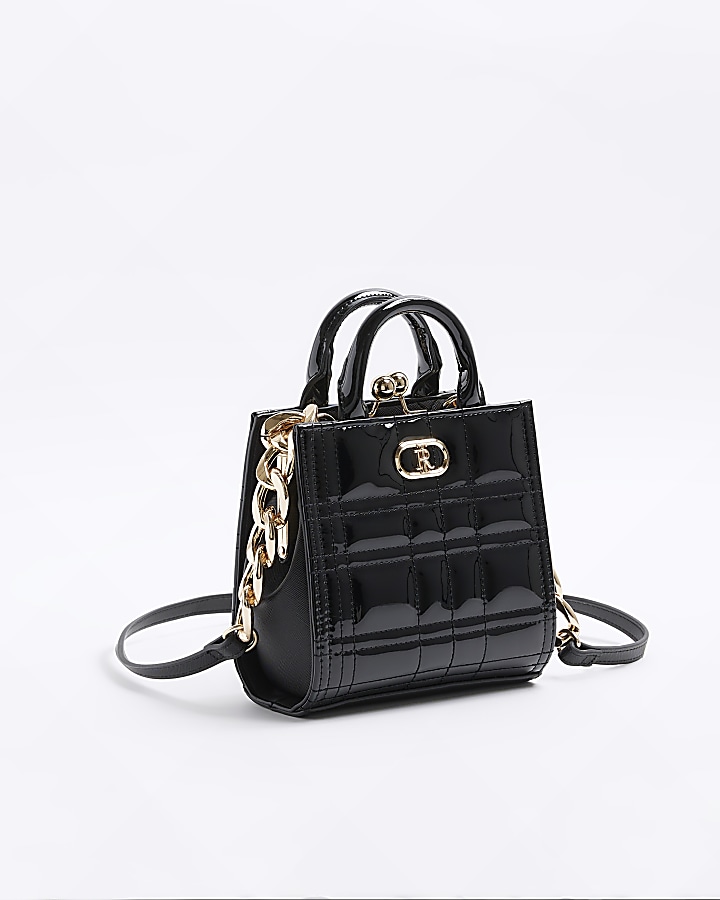 Black patent clip top cross body bag River Island