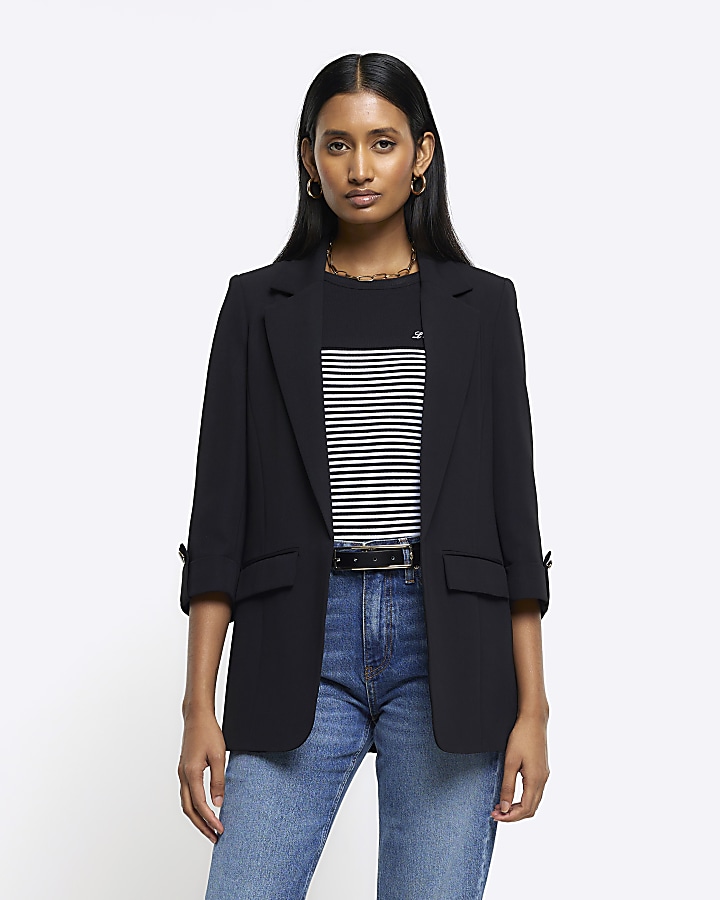 Black rolled sleeve blazer River Island