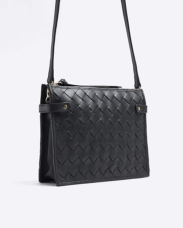 Black leather weave cross body bag River Island