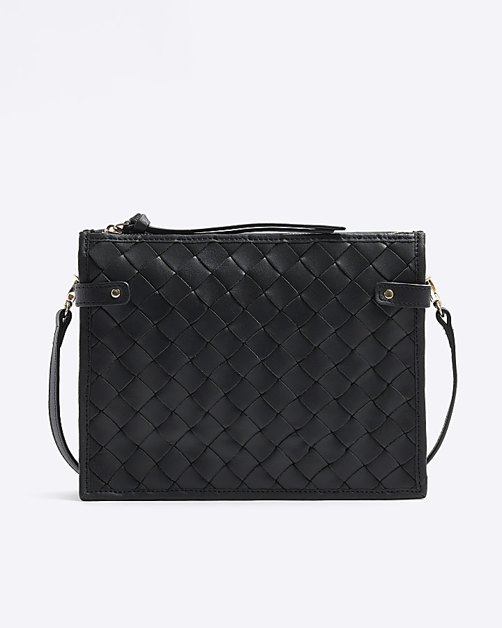 Black leather weave cross body bag River Island