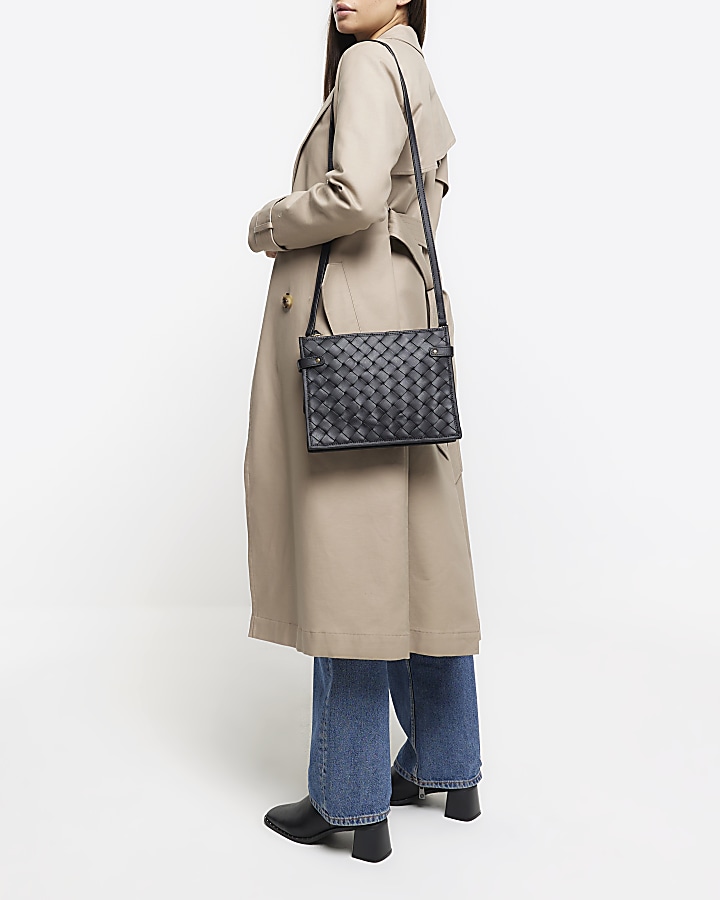 Black leather weave cross body bag River Island