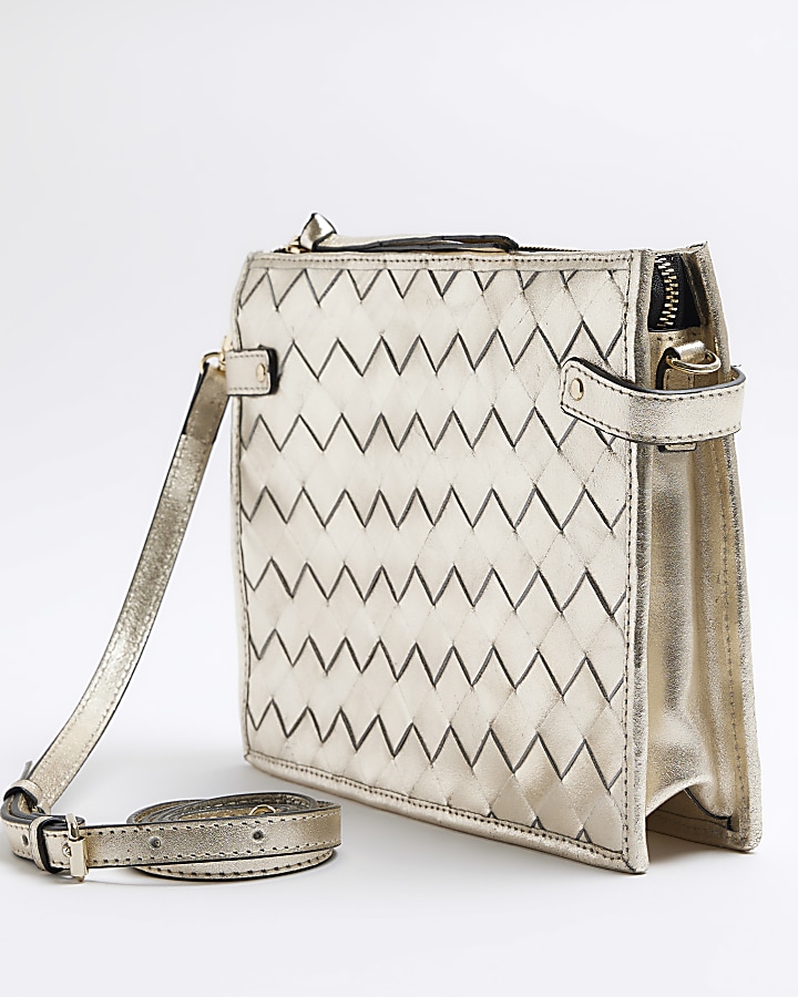 Gold leather weave cross body bag River Island