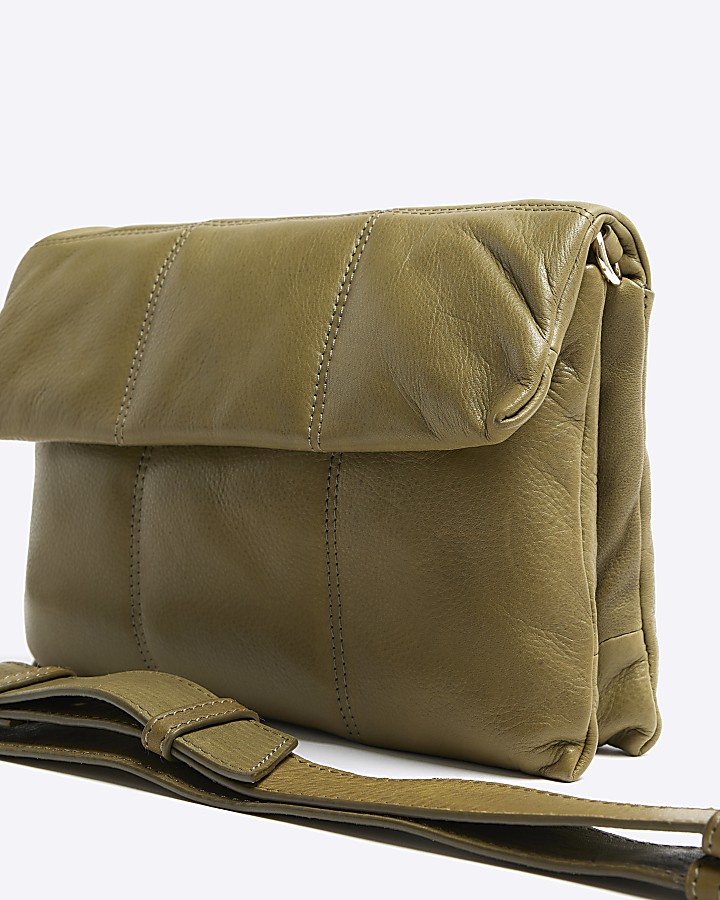 Khaki leather quilted cross body bag River Island