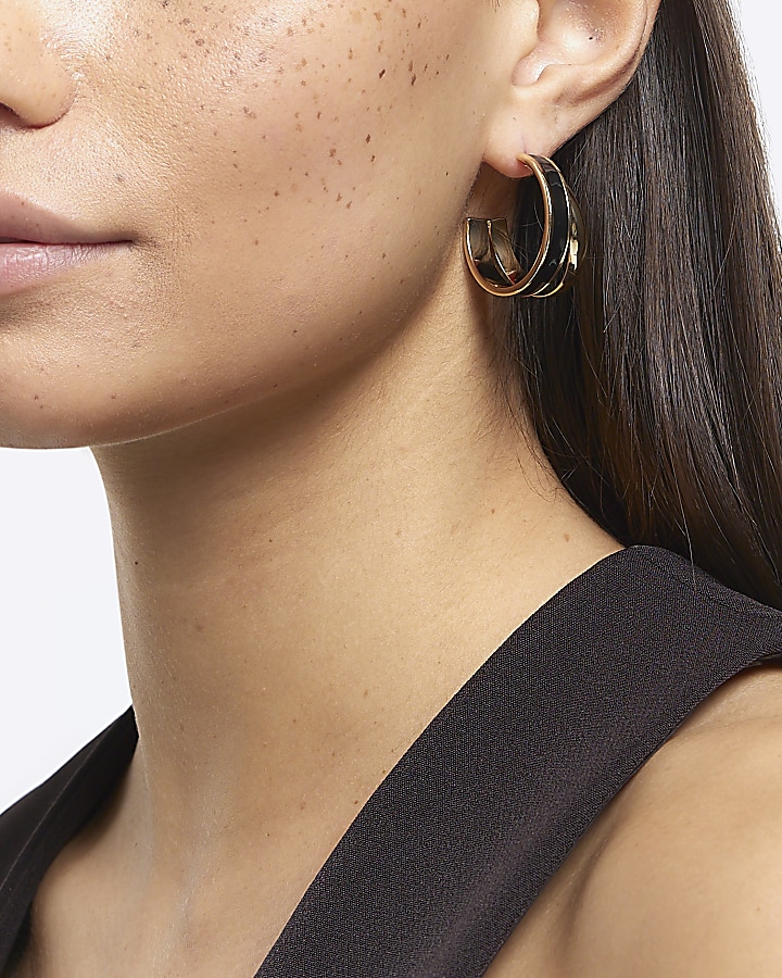 Black Enamel Double Hoop Earrings River Island