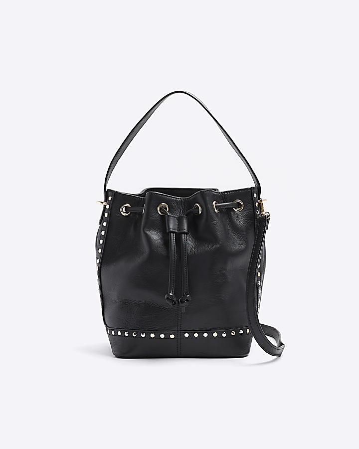 Black leather studded cross body bag River Island