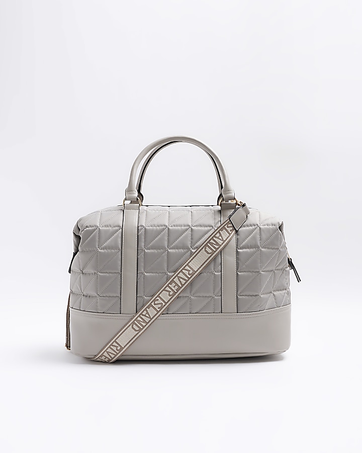 Grey quilted zip travel bag River Island