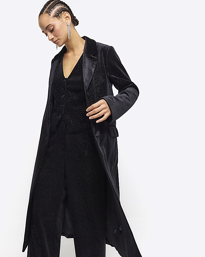 Black velvet glitter longline coat River Island