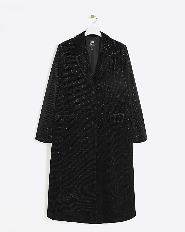 Black velvet glitter longline coat River Island