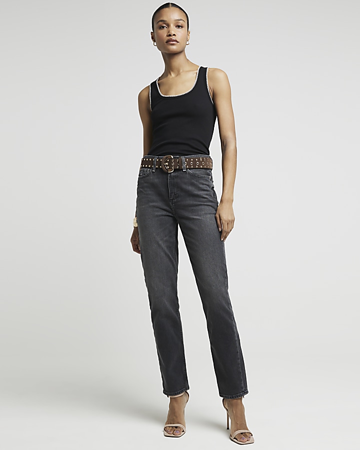 Black high waisted stove pipe straight jeans River Island