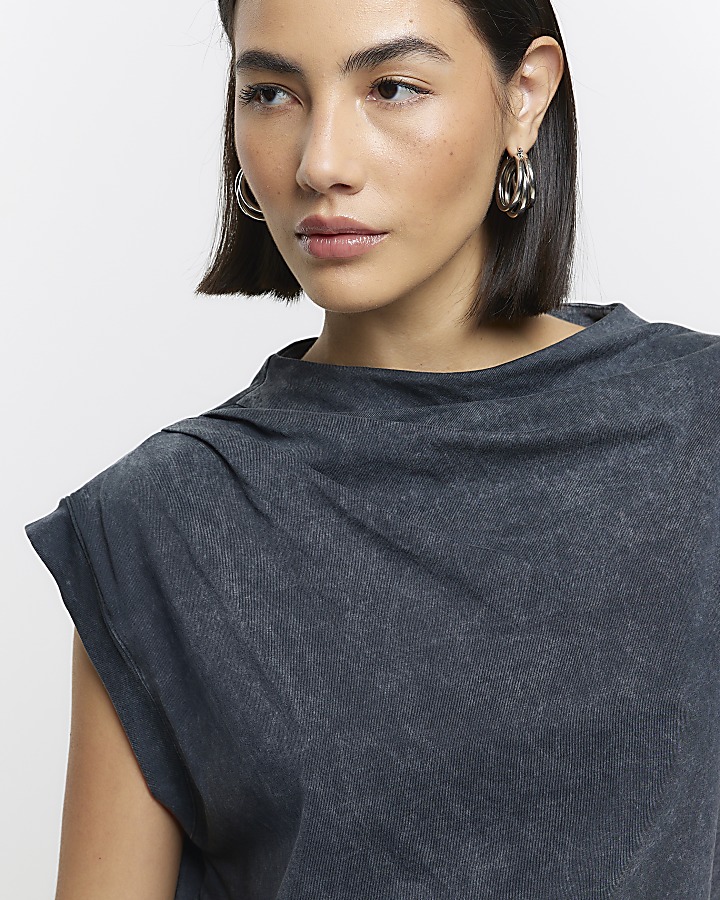 Grey cowl neck drape tshirt River Island