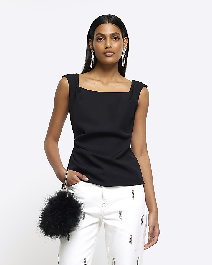 Black square neck vest top River Island