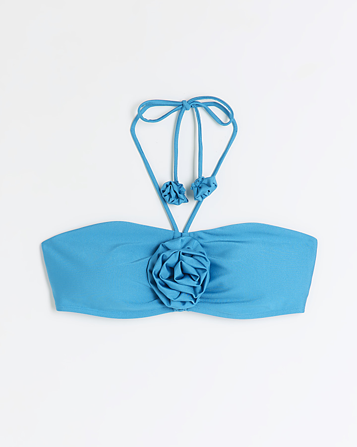 Blue corsage halter bikini top River Island