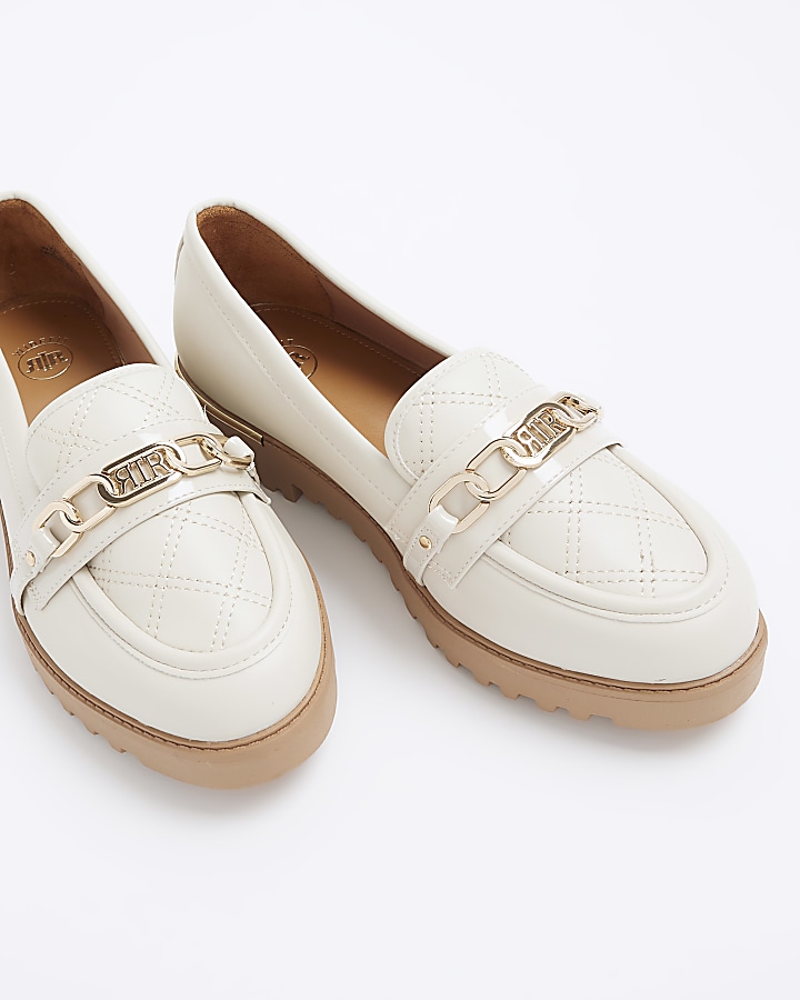 Cream wide fit quilted chain loafers River Island
