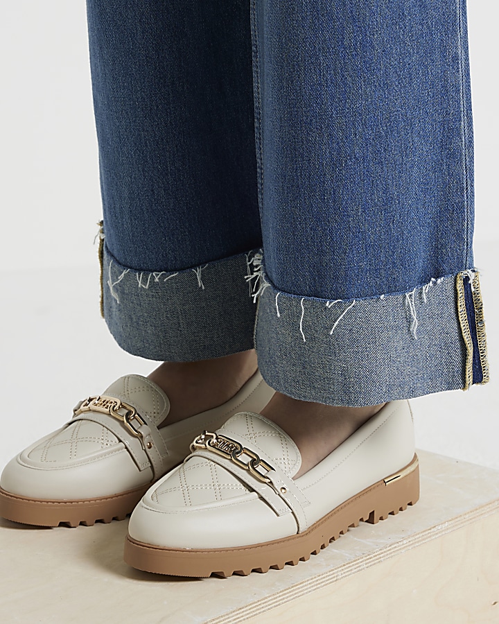 Cream wide fit quilted chain loafers River Island