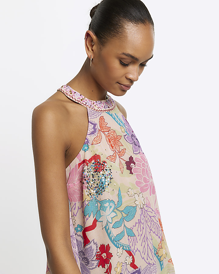 Pink floral halter neck top River Island