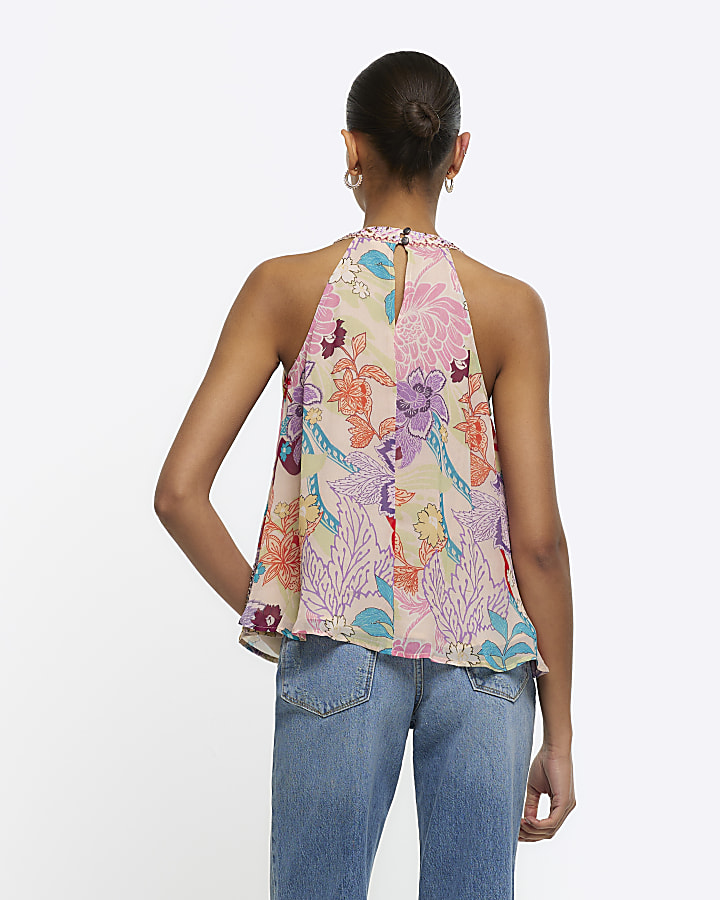 Pink floral halter neck top River Island
