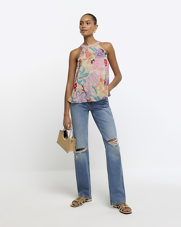 Pink floral halter neck top River Island
