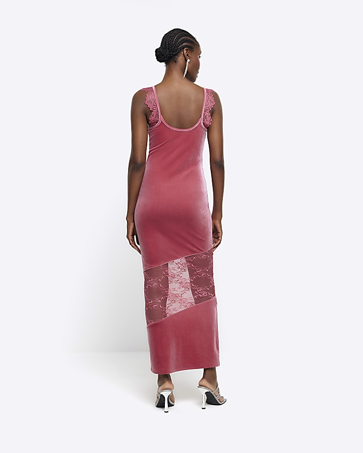 Pink velvet lace slip maxi dress River Island