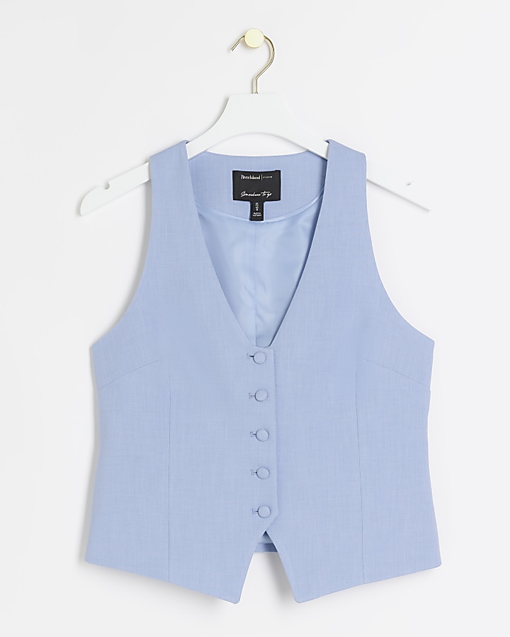 Blue Button Front Waistcoat River Island