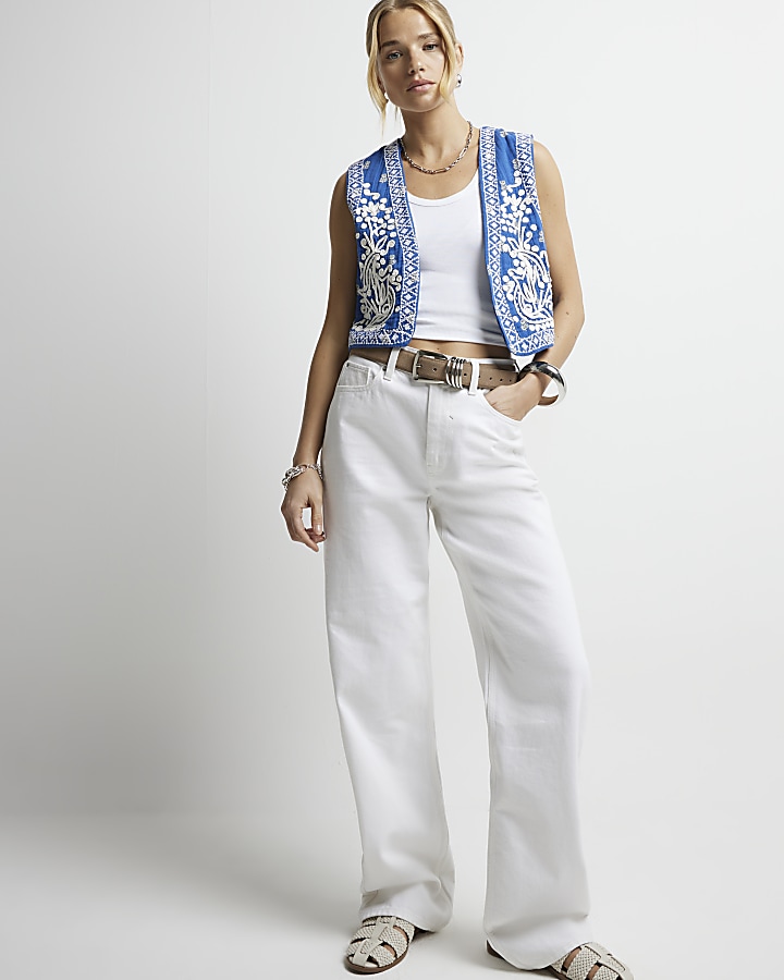 Blue embroidered waistcoat River Island