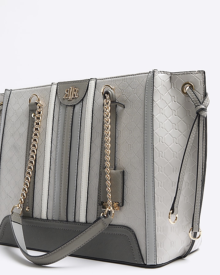 Grey embossed monogram chain tote bag River Island